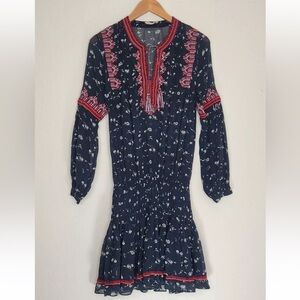 Ulla Johnson Gita 100% Silk Mini Dress Smocked Drop Waist Midnight Size 0 Womens